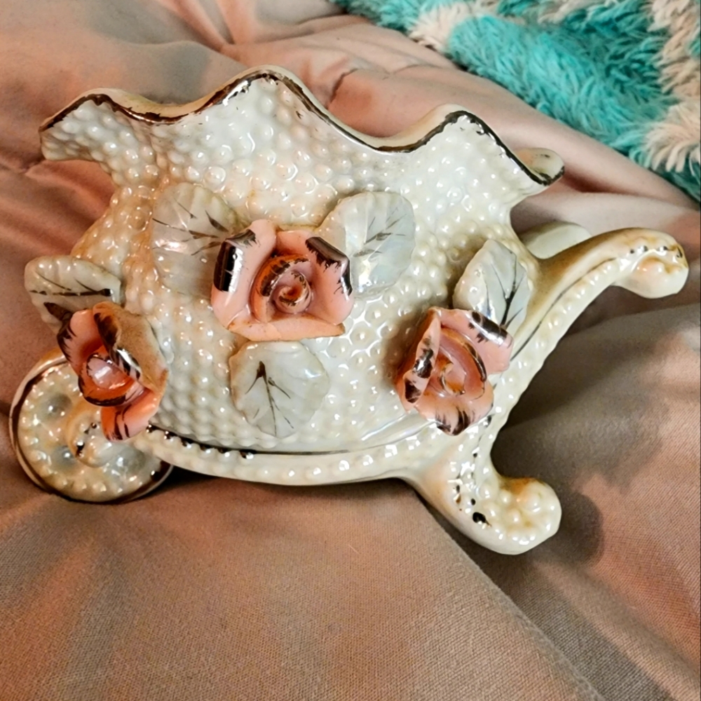1970s VintagAntique Floral Wheelbarrell Porcelain what-not Pink White and Silver